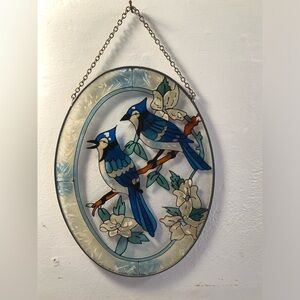 1933 Vtg Hanging Oval Bluebird Stained Glass Light Catcher.  6.5” x 9”.